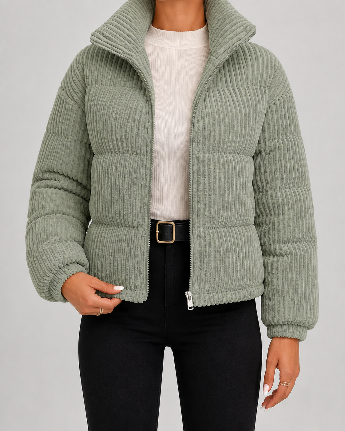 Women's Corduroy Puffer Jacket with Funnel Neck