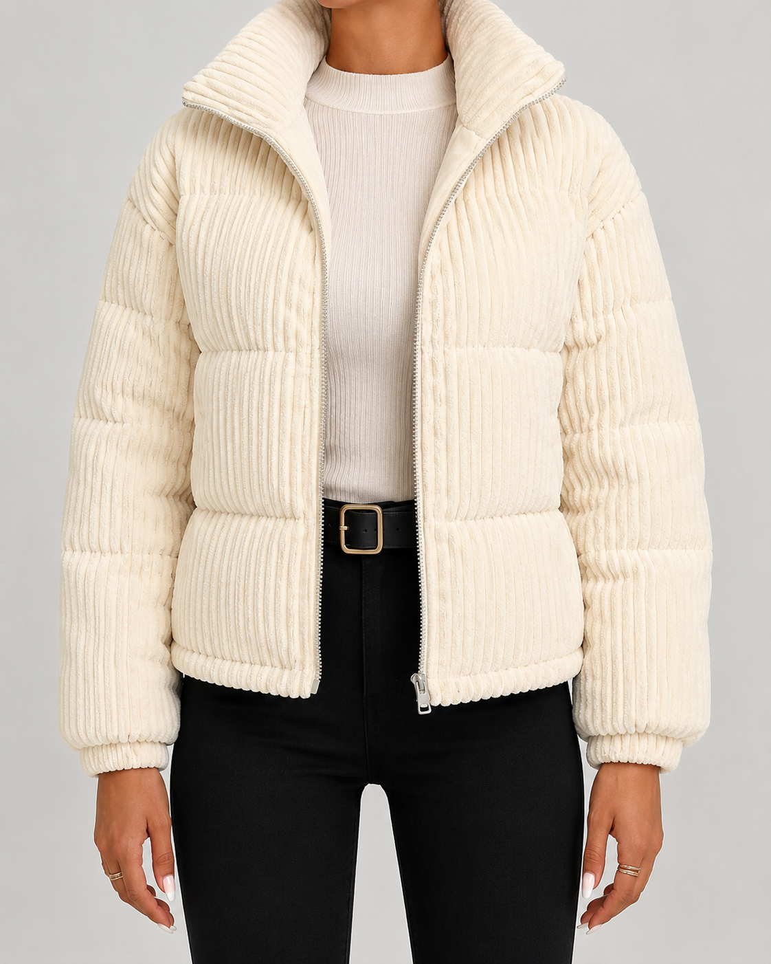 Women's Corduroy Puffer Jacket with Funnel Neck