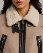 Women's Cropped Faux Leather Aviator Jacket with Shearling Collar