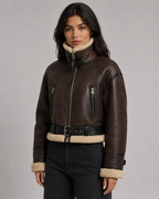 Women's Cropped Faux Leather Aviator Jacket with Shearling Collar
