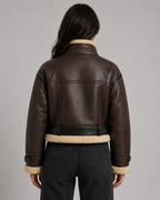 Women's Cropped Faux Leather Aviator Jacket with Shearling Collar