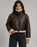 Women's Cropped Faux Leather Aviator Jacket with Shearling Collar