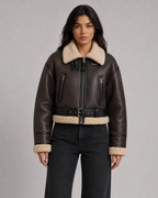 Women's Cropped Faux Leather Aviator Jacket with Shearling Collar