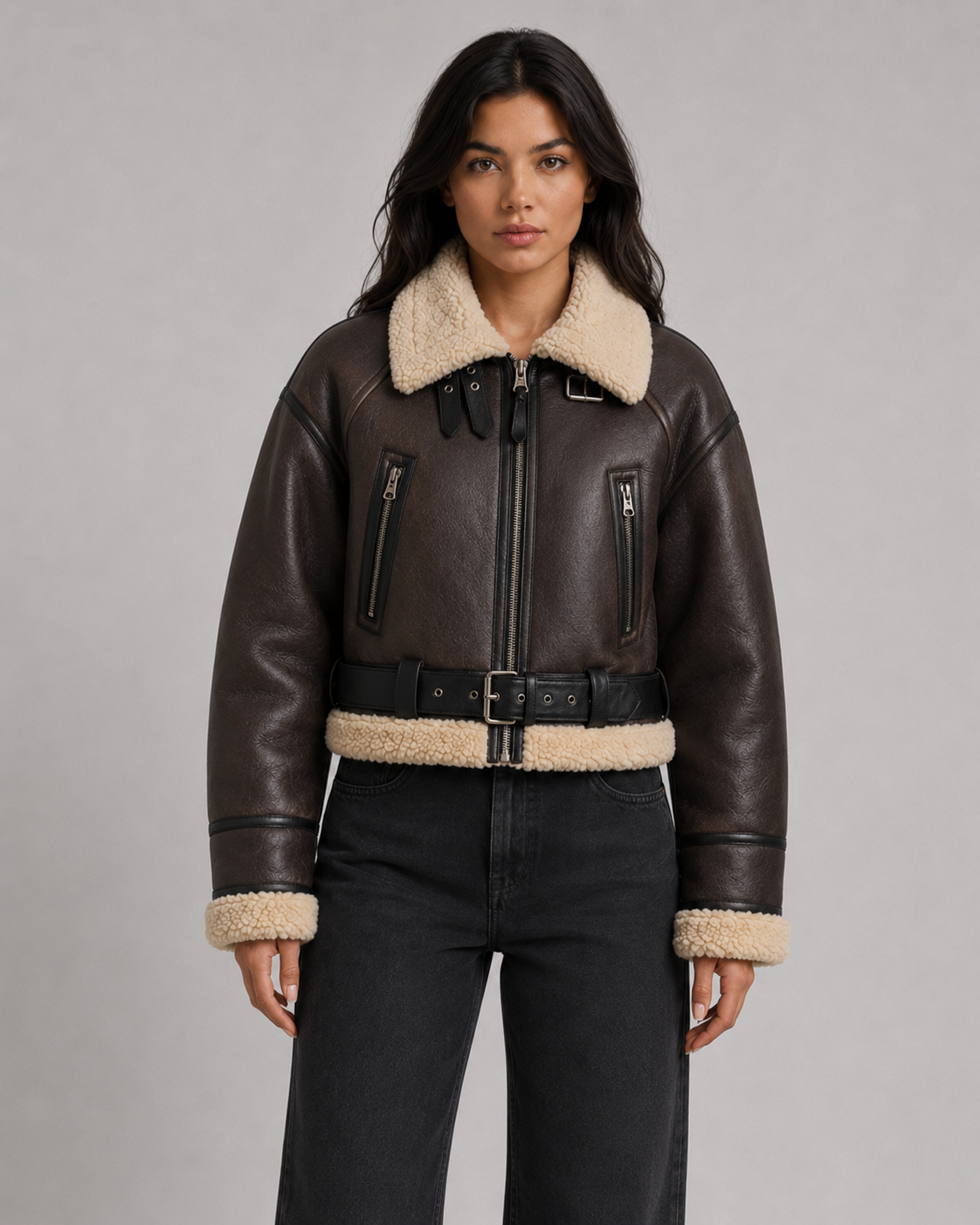 Women's Cropped Faux Leather Aviator Jacket with Shearling Collar