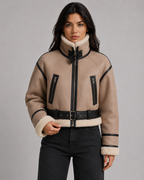 Women's Cropped Faux Leather Aviator Jacket with Shearling Collar