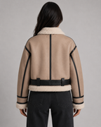 Women's Cropped Faux Leather Aviator Jacket with Shearling Collar