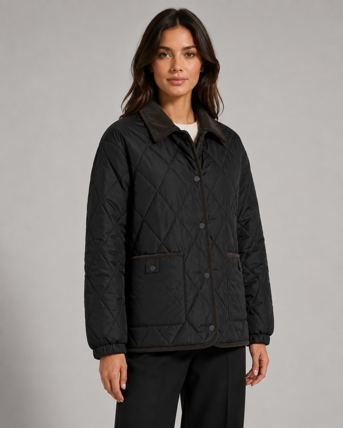 Women's Diamond Quilted Jacket with Corduroy Collar