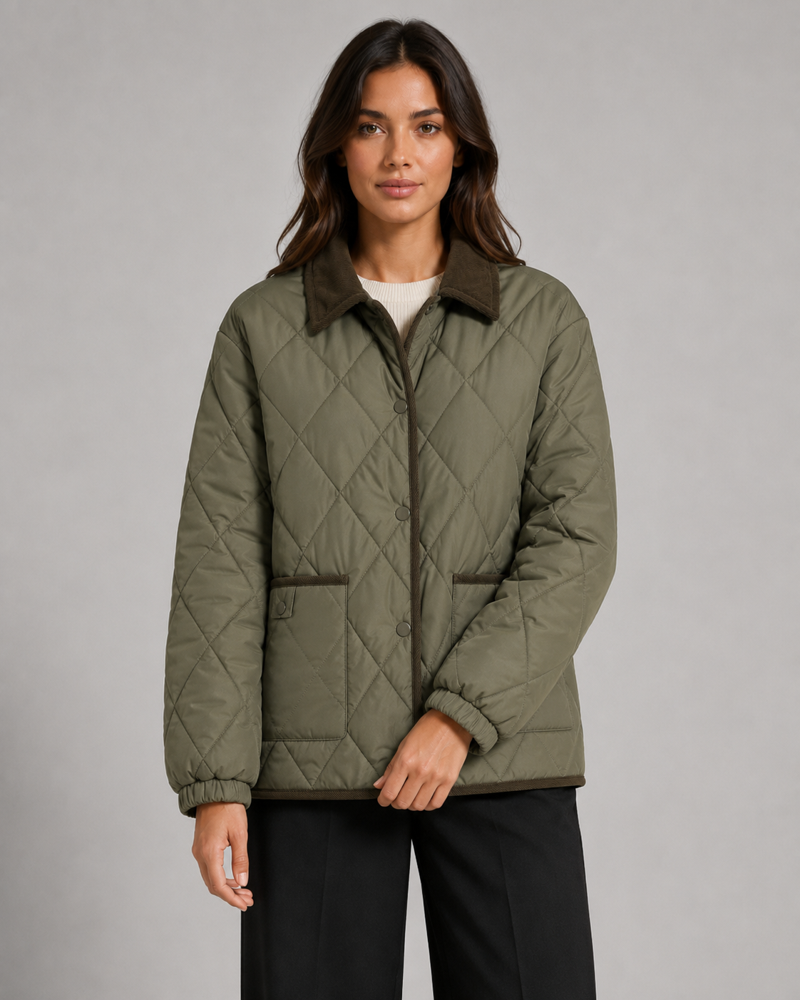 Women's Diamond Quilted Jacket with Corduroy Collar