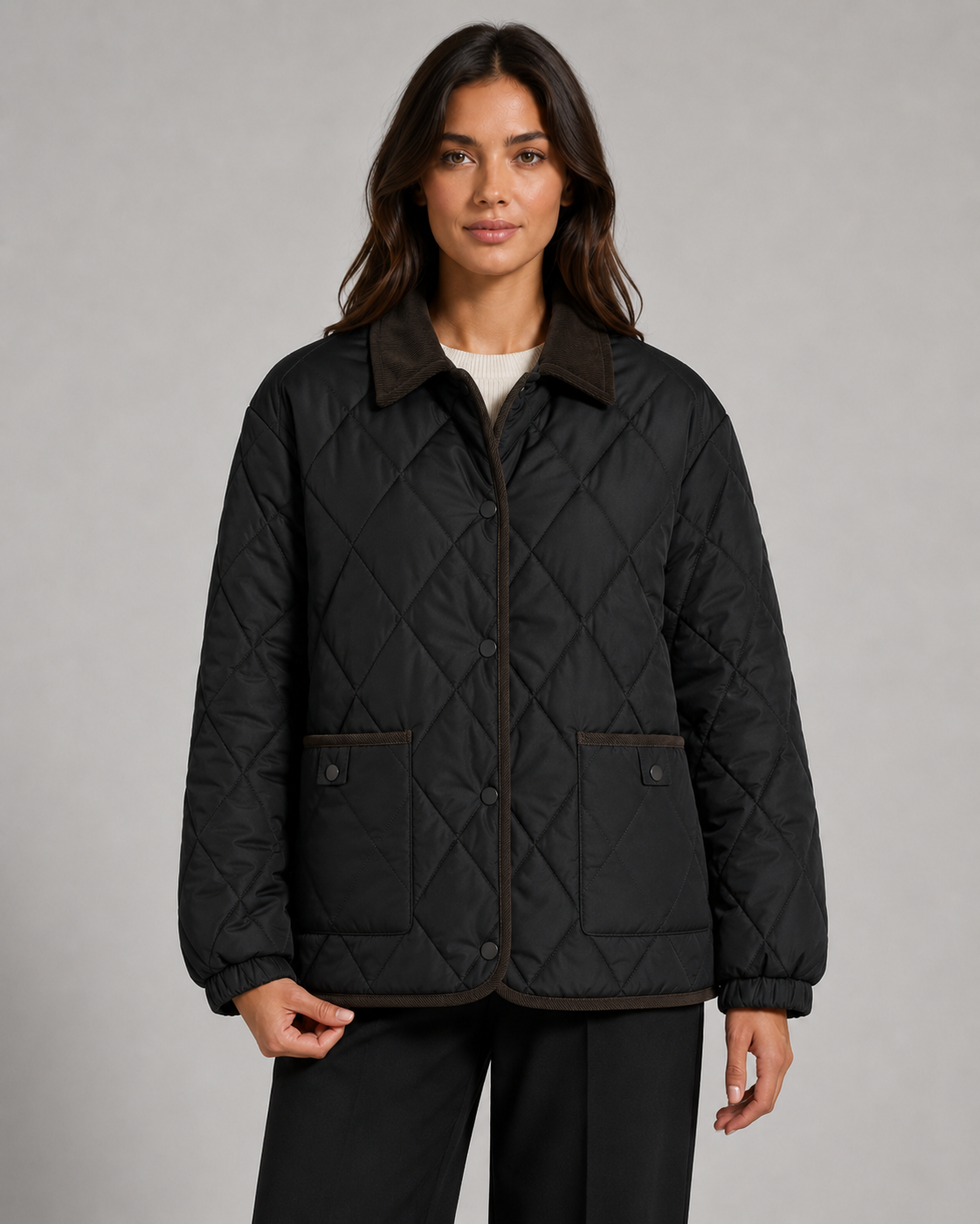 Women's Diamond Quilted Jacket with Corduroy Collar