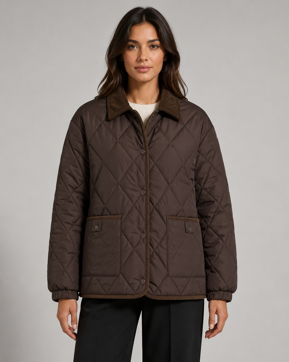 Women's Diamond Quilted Jacket with Corduroy Collar
