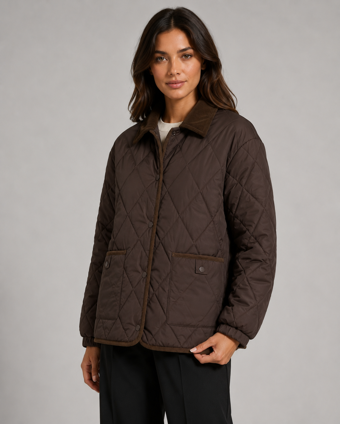 Women's Diamond Quilted Jacket with Corduroy Collar