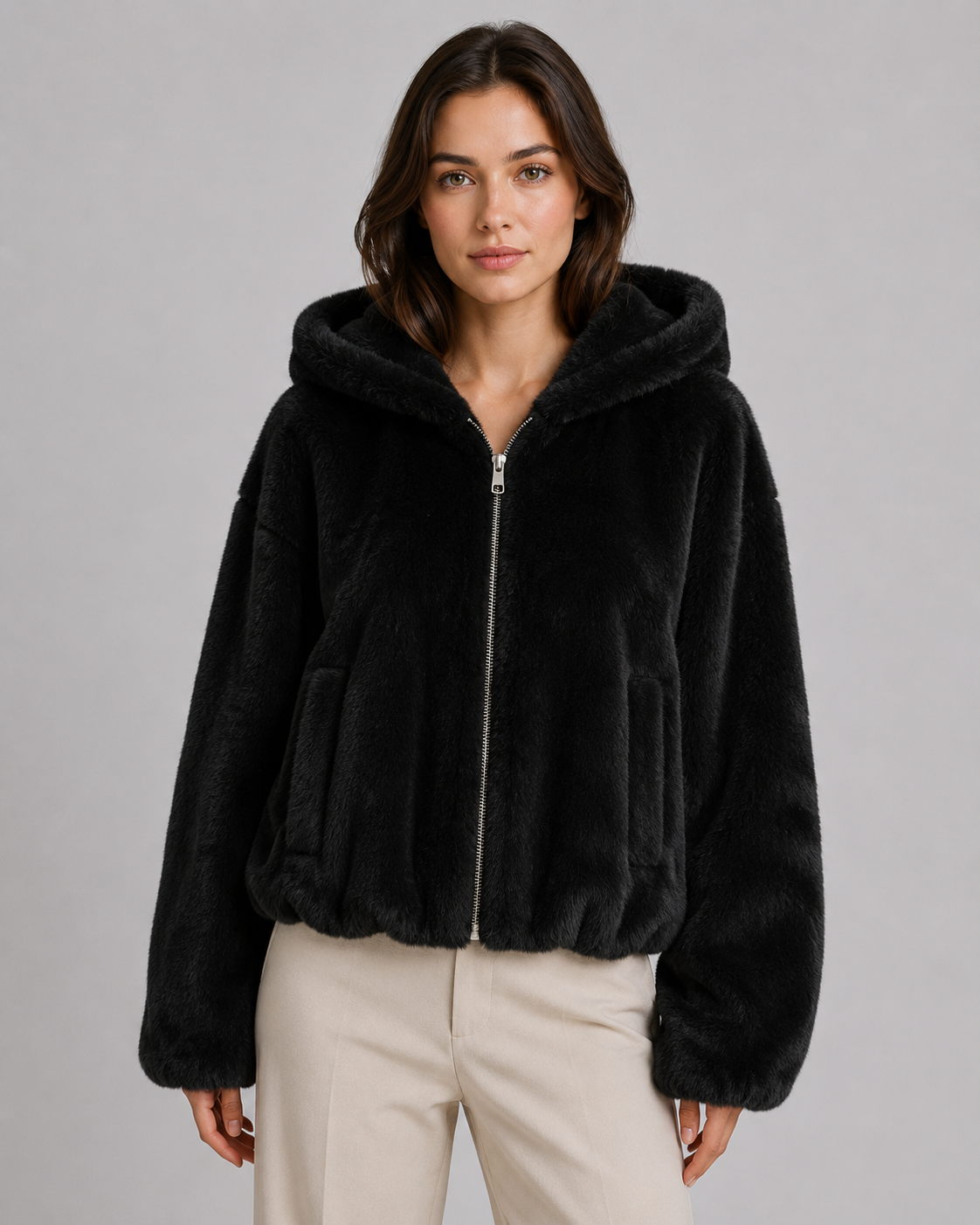 Women's Hooded Faux Fur Jacket with Zip Front