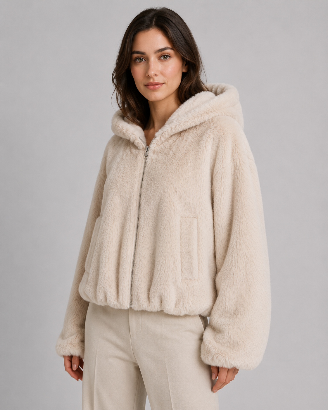 Women's Hooded Faux Fur Jacket with Zip Front