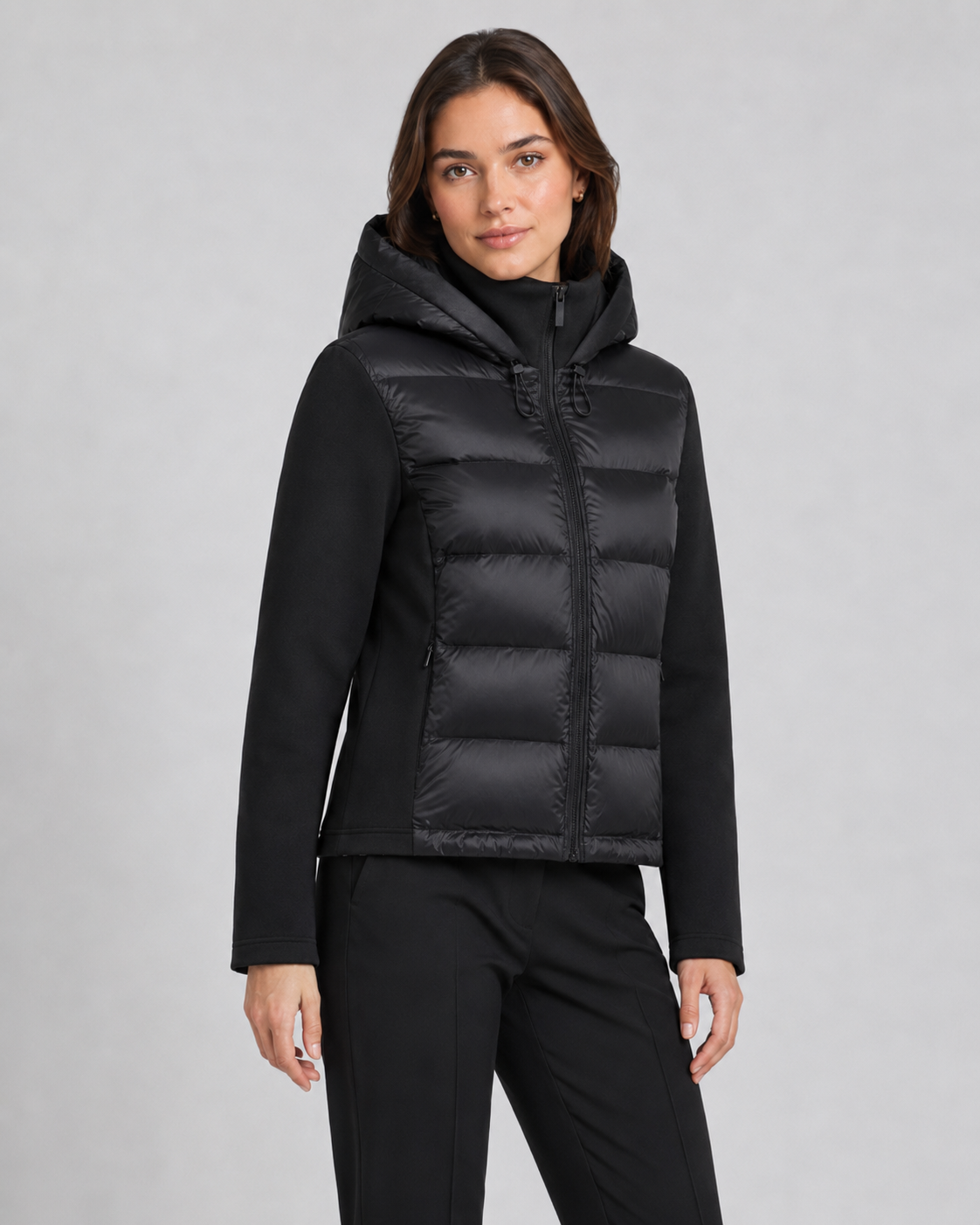 Women's Hooded Hybrid Puffer Jacket Padded Jersey Sleeve