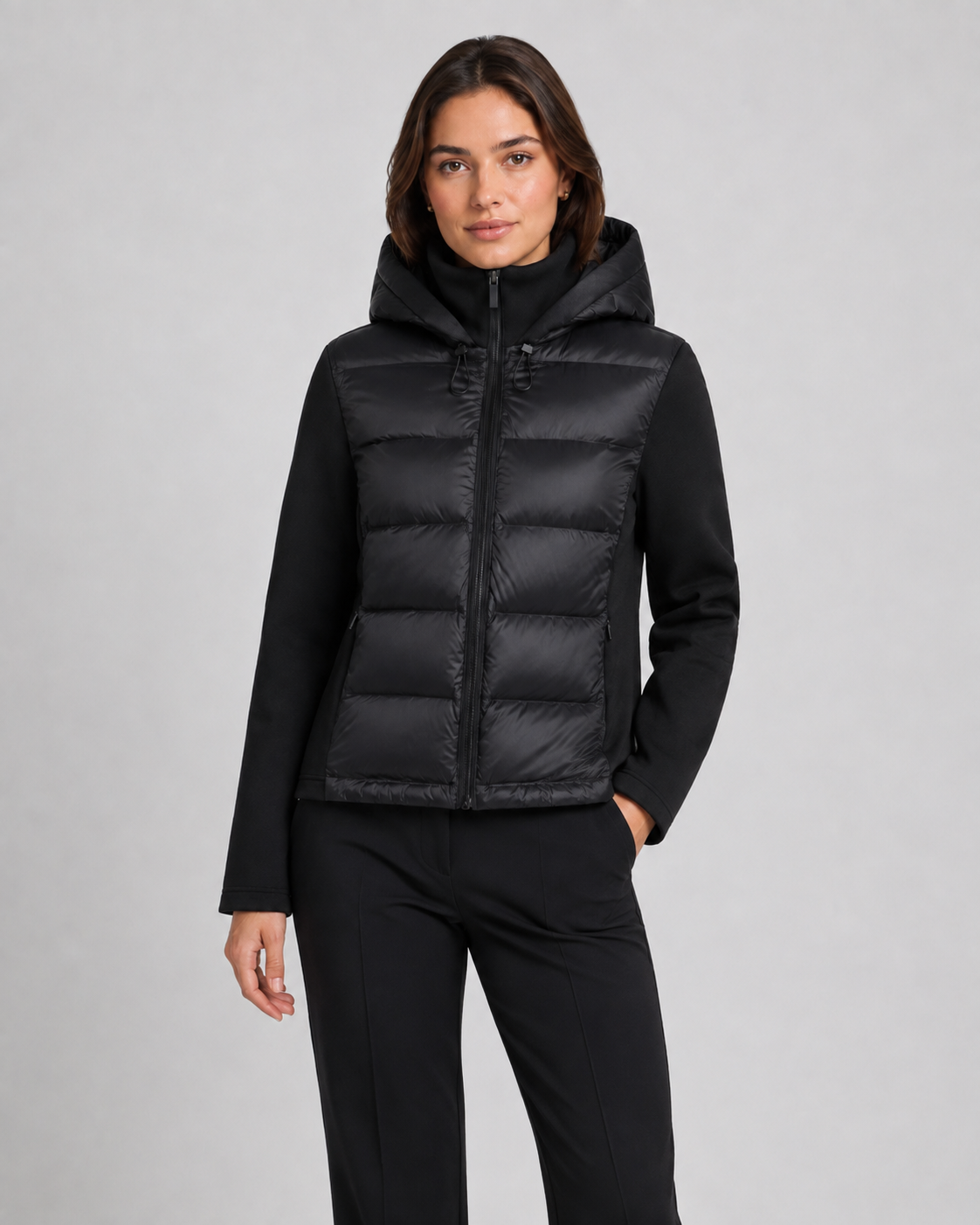 Women's Hooded Hybrid Puffer Jacket Padded Jersey Sleeve