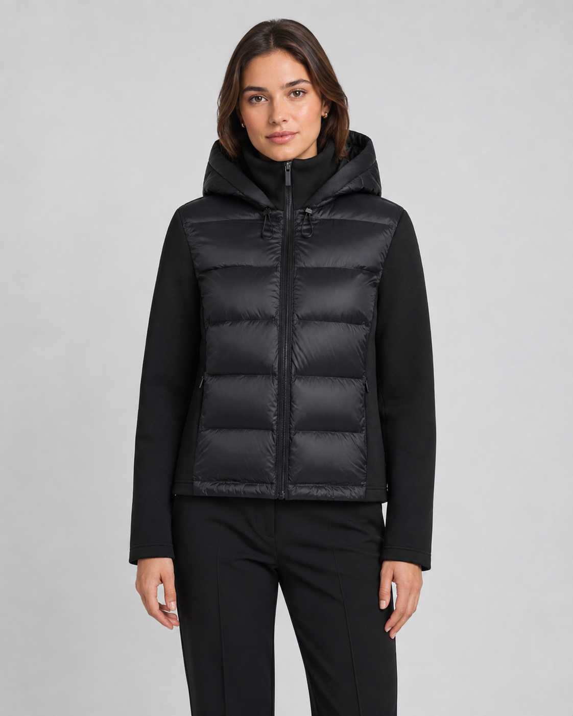 Women's Hooded Hybrid Puffer Jacket Padded Jersey Sleeve
