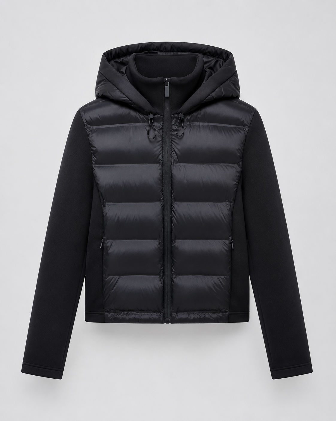 Women's Hooded Hybrid Puffer Jacket Padded Jersey Sleeve