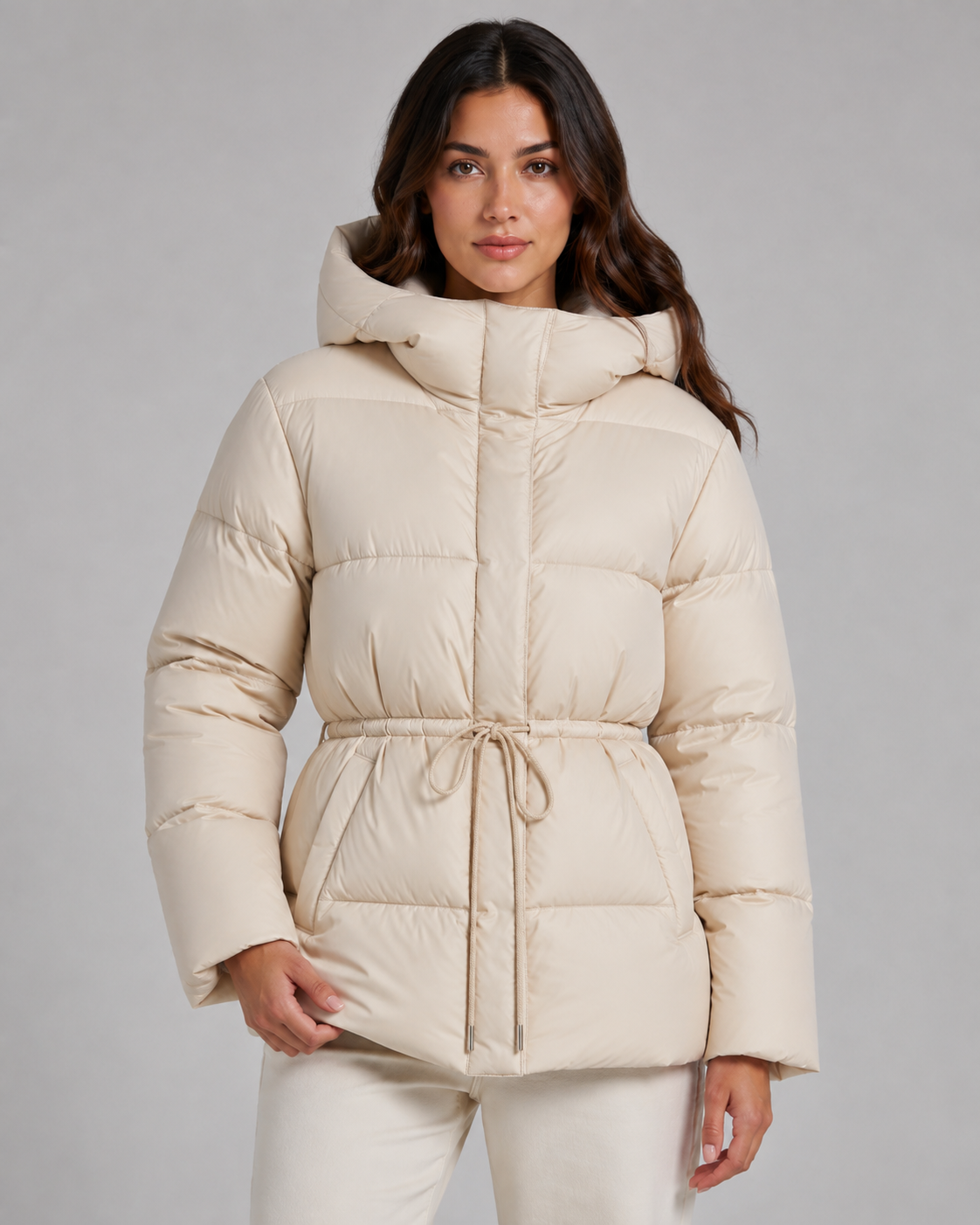 Women's Hooded Puffer Jacket Drawstring Waist Fitted