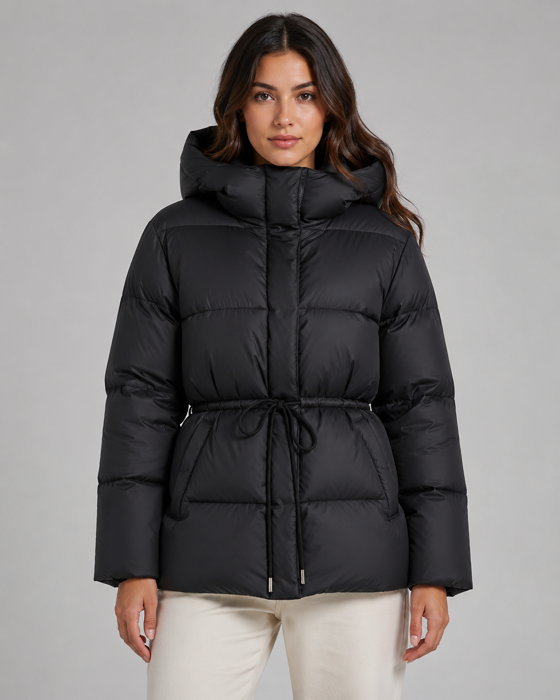 Women's Hooded Puffer Jacket Drawstring Waist Fitted