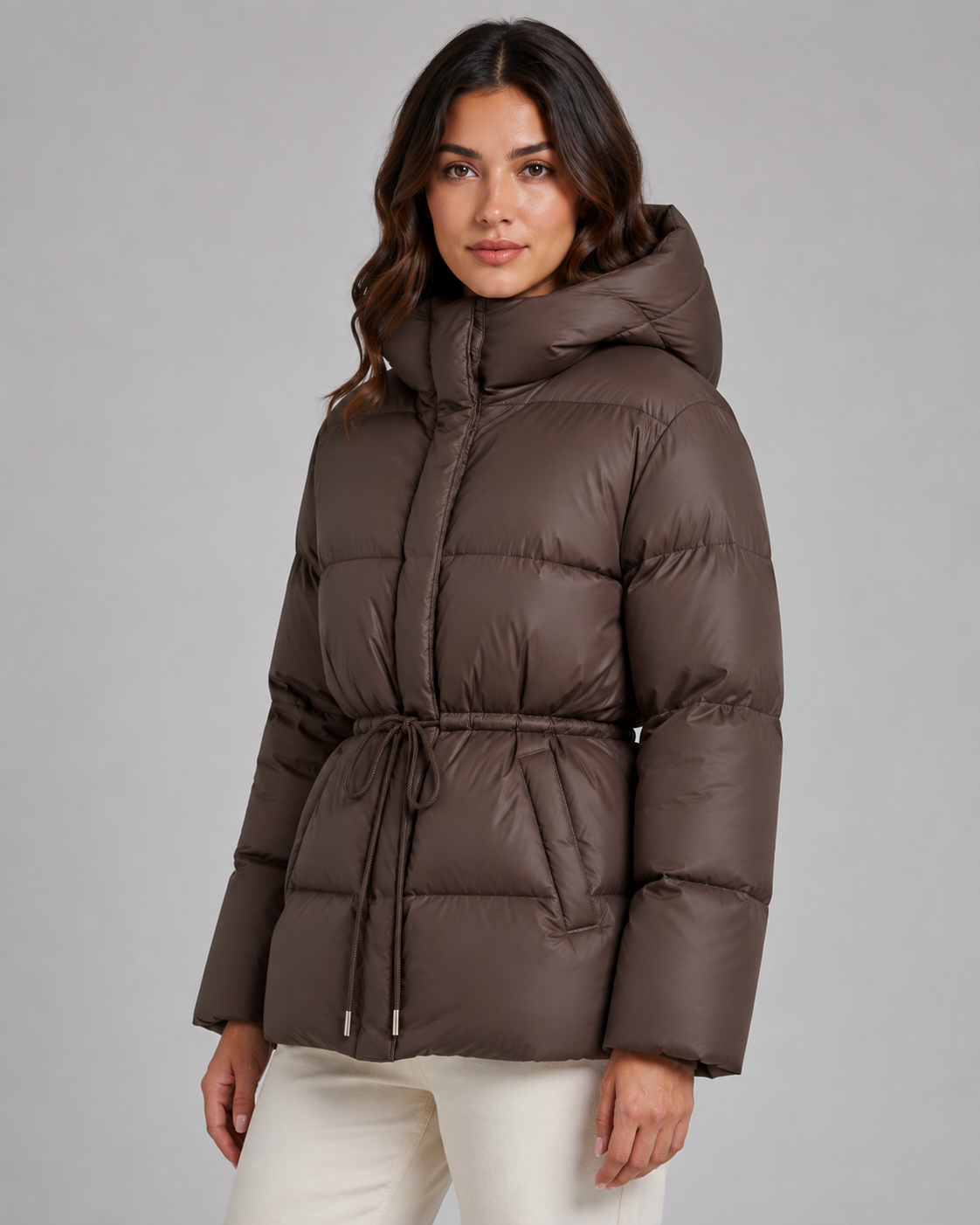 Women's Hooded Puffer Jacket Drawstring Waist Fitted