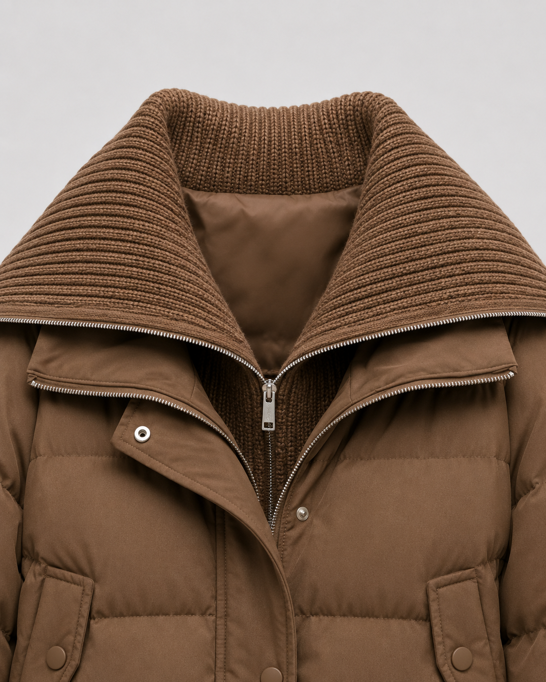 Women's Cropped Puffer Jacket with Ribbed Knit Collar