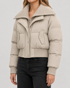 Women's Cropped Puffer Jacket with Ribbed Knit Collar