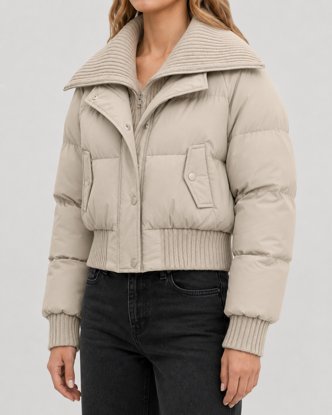 Women's Cropped Puffer Jacket with Ribbed Knit Collar