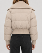 Women's Cropped Puffer Jacket with Ribbed Knit Collar