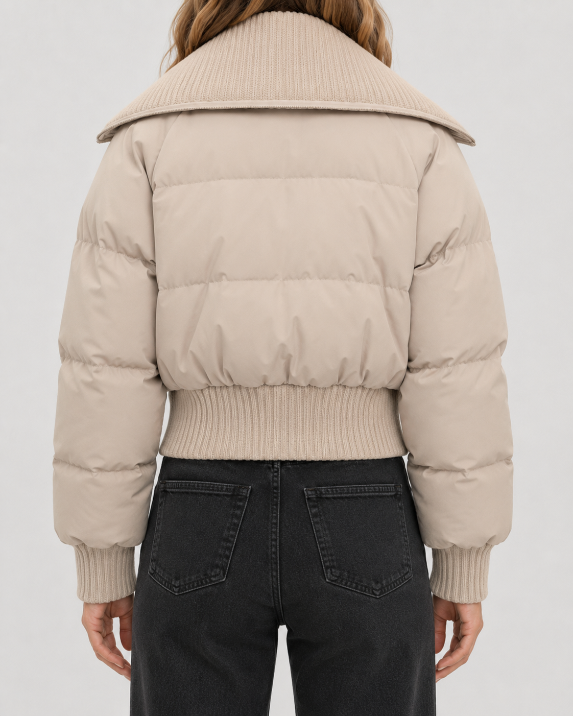 Women's Cropped Puffer Jacket with Ribbed Knit Collar
