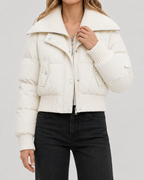 Women's Cropped Puffer Jacket with Ribbed Knit Collar