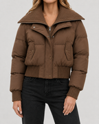 Women's Cropped Puffer Jacket with Ribbed Knit Collar
