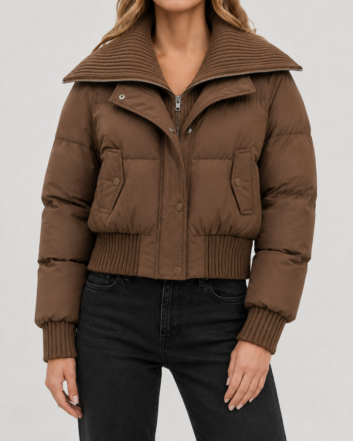 Women's Cropped Puffer Jacket with Ribbed Knit Collar