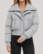 Women's Cropped Puffer Jacket with Ribbed Knit Collar