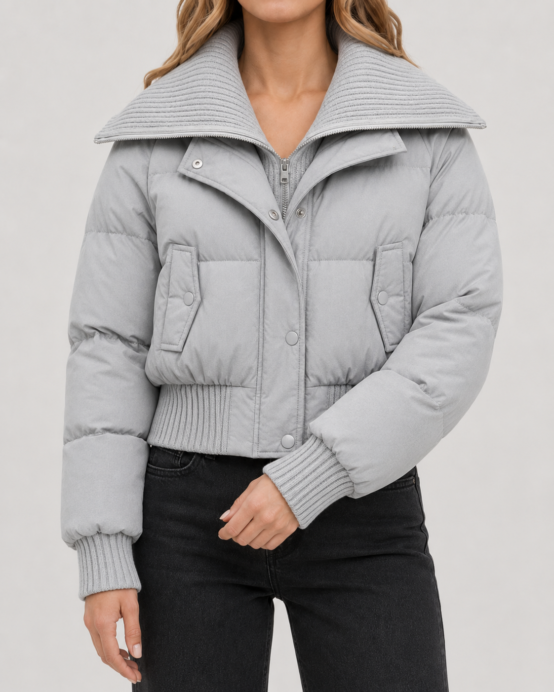 Women's Cropped Puffer Jacket with Ribbed Knit Collar