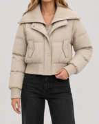 Women's Cropped Puffer Jacket with Ribbed Knit Collar