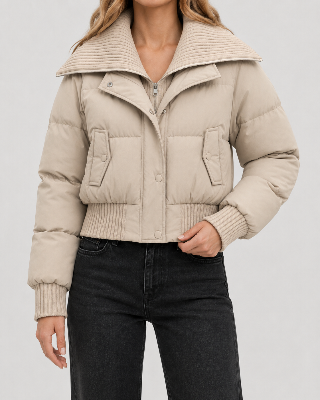 Women's Cropped Puffer Jacket with Ribbed Knit Collar