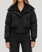 Women's Cropped Puffer Jacket with Ribbed Knit Collar