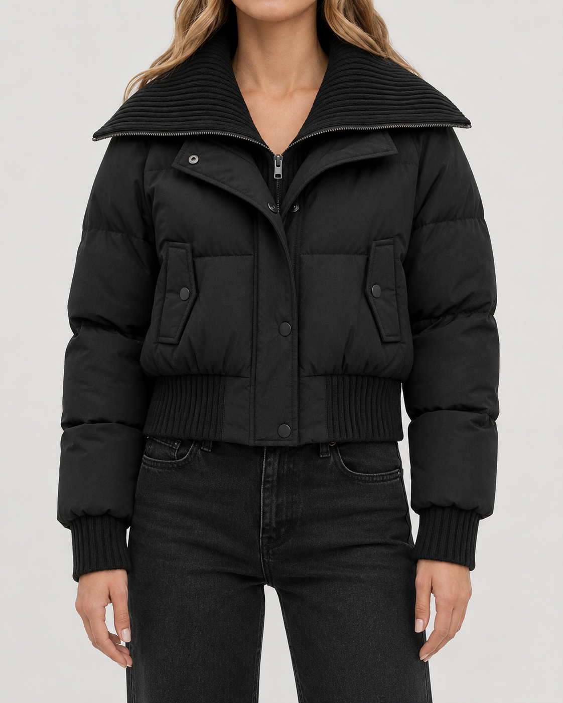 Women's Cropped Puffer Jacket with Ribbed Knit Collar