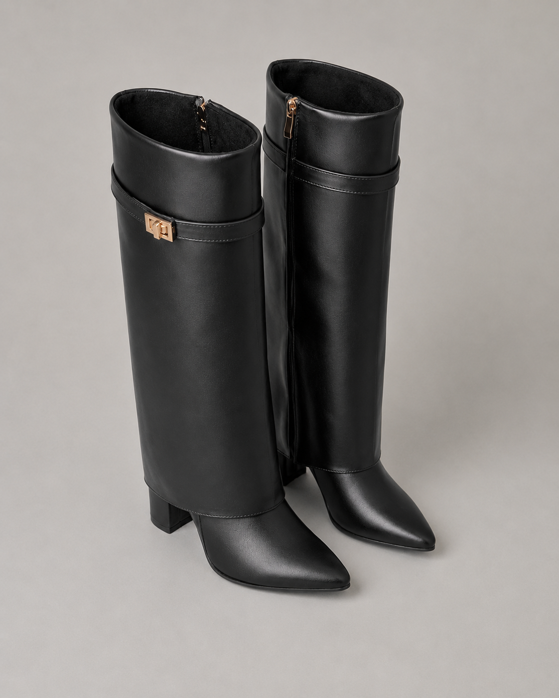 Women's Pointed Toe Knee-High Boots Buckle Block Heel