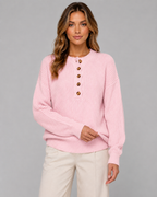Women's Ribbed Henley Sweater Button Neck Relaxed Knit