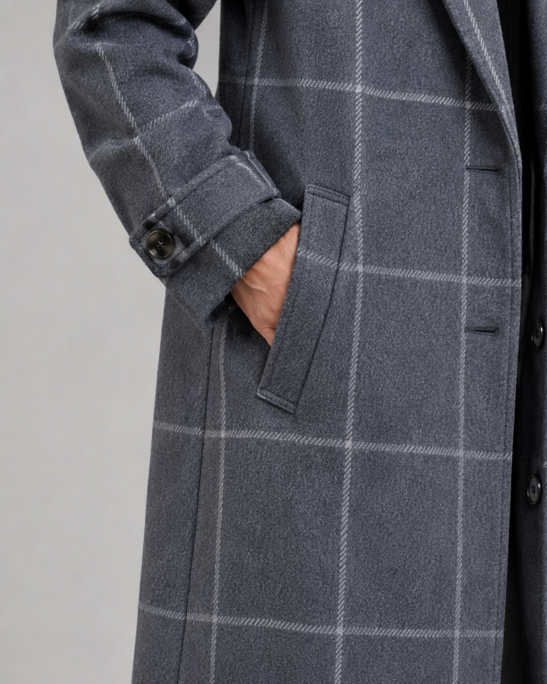 Women's Windowpane Check Tailored Long Winter Coat
