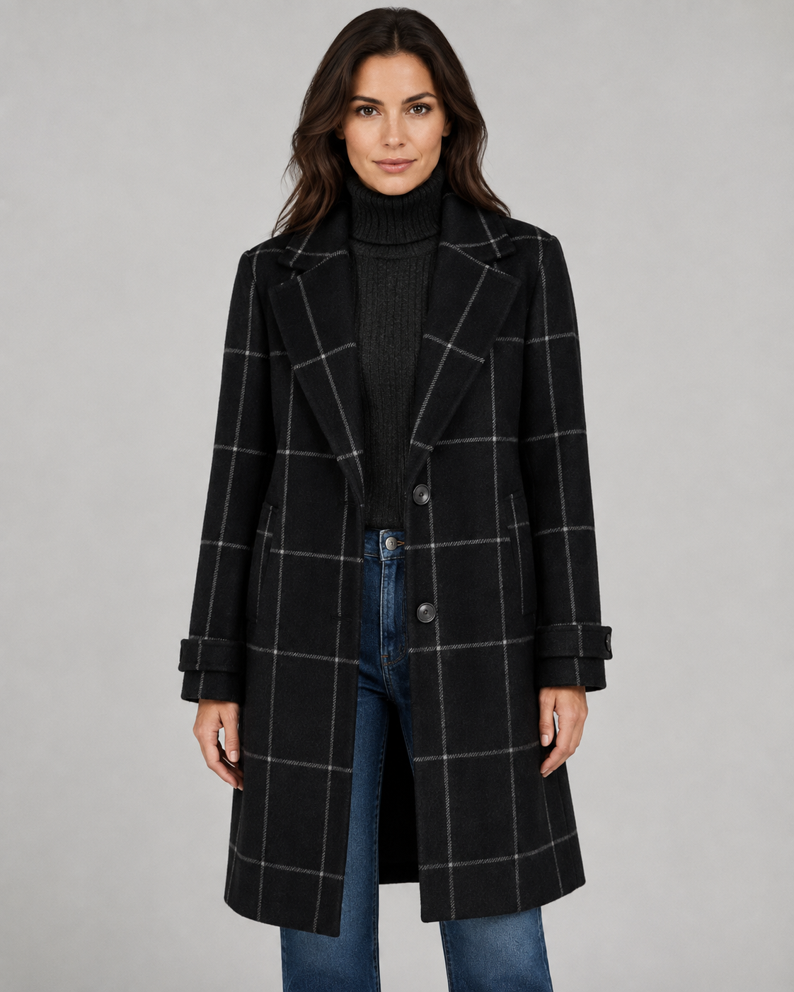 Women's Windowpane Check Tailored Long Winter Coat