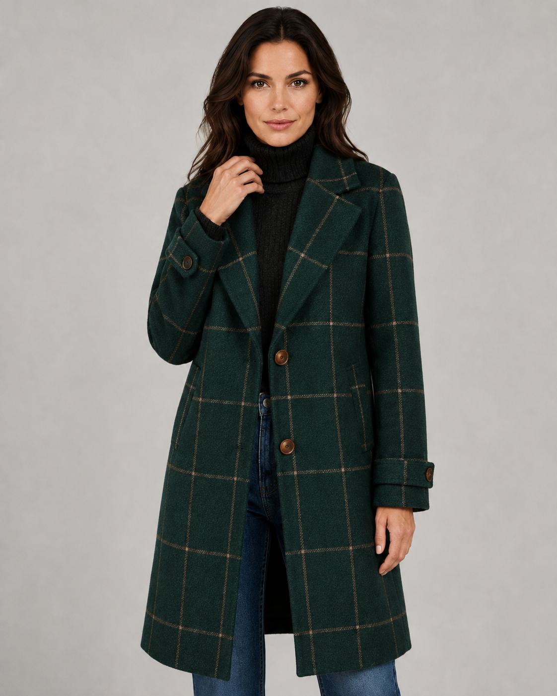 Women's Windowpane Check Tailored Long Winter Coat