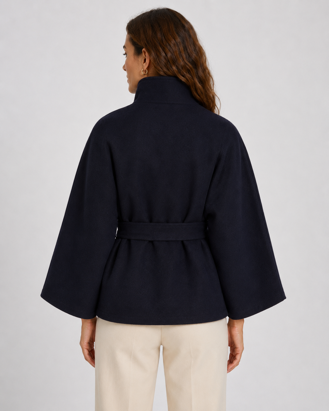 Women's Belted Funnel Neck Cape – Wide Sleeve Hip Length