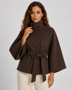 Women's Belted Funnel Neck Cape – Wide Sleeve Hip Length