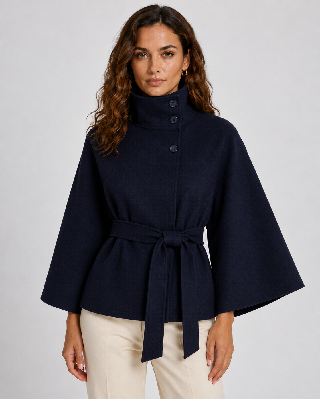Women's Belted Funnel Neck Cape – Wide Sleeve Hip Length