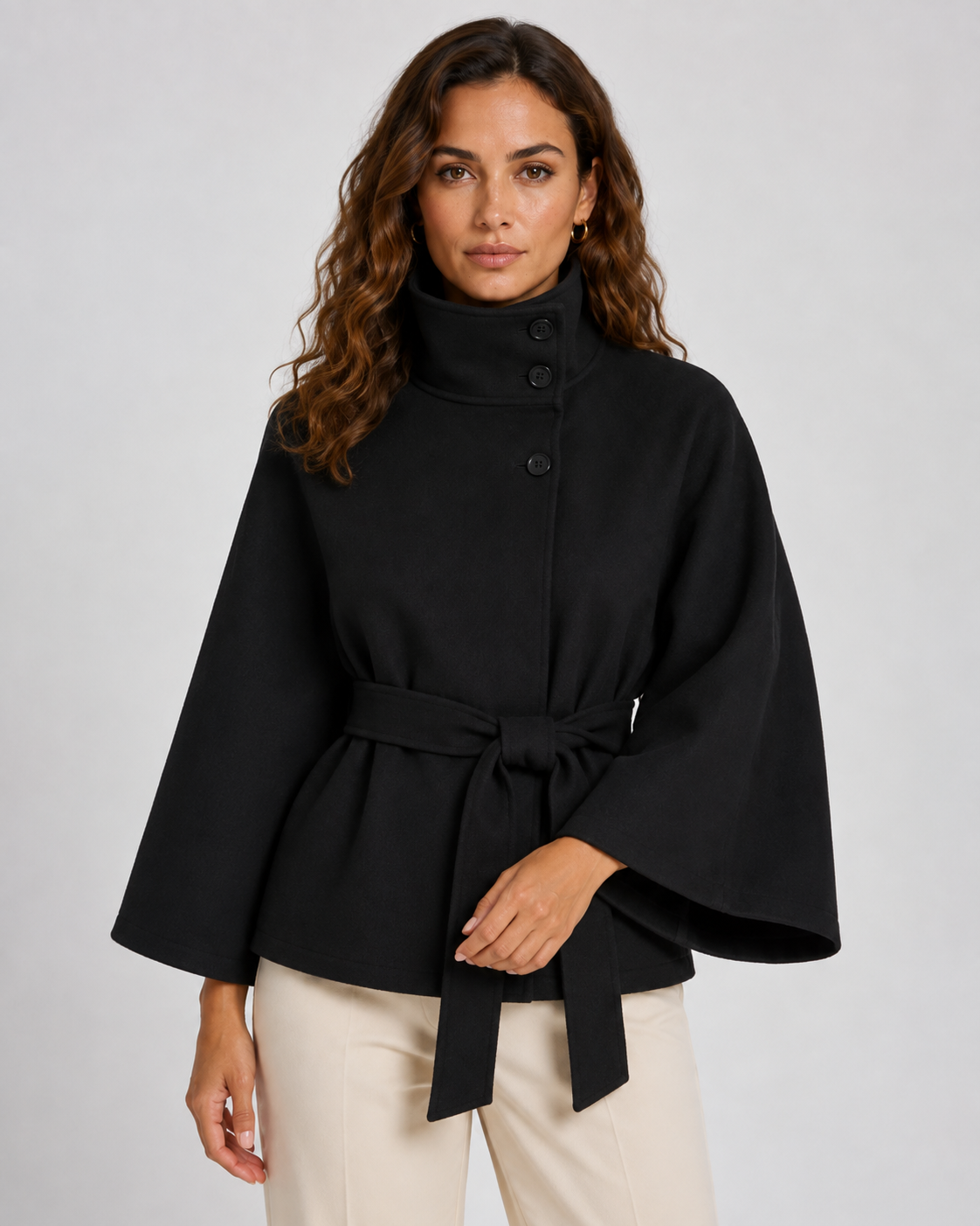 Women's Belted Funnel Neck Cape – Wide Sleeve Hip Length