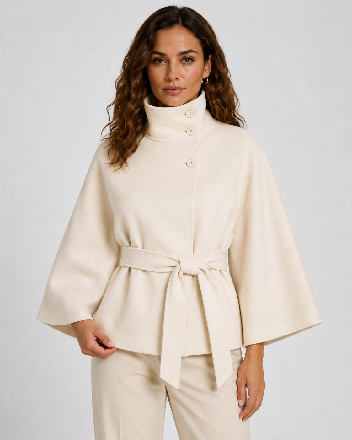 Women's Belted Funnel Neck Cape – Wide Sleeve Hip Length