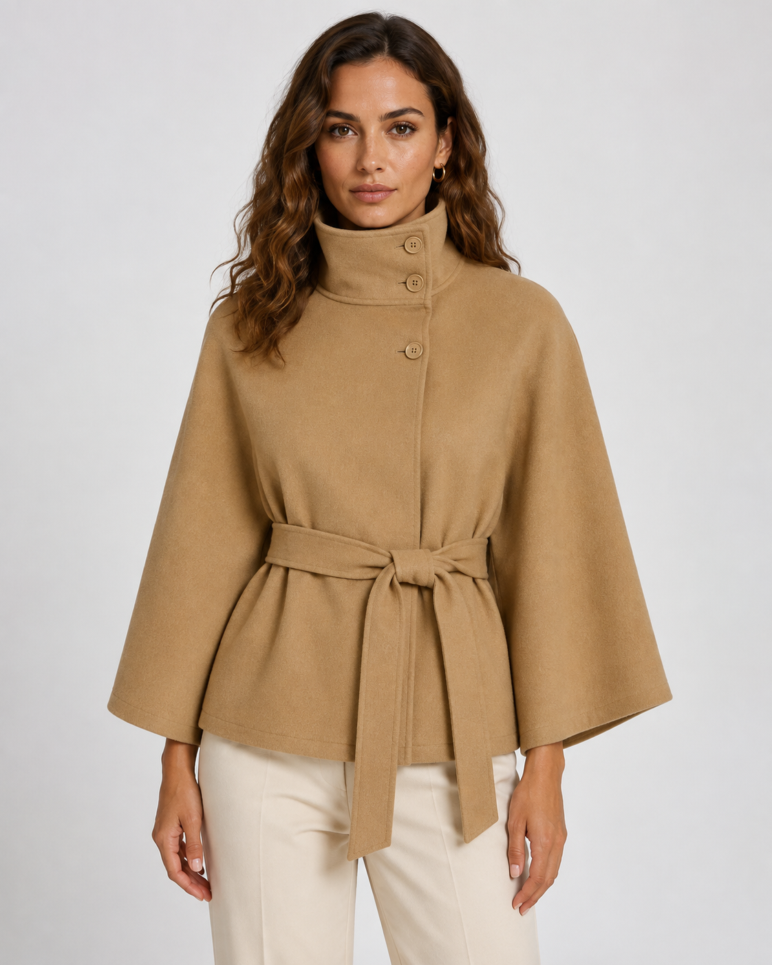 Women's Belted Funnel Neck Cape – Wide Sleeve Hip Length