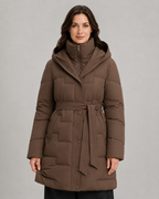 Women's Belted Puffer Parka - Hooded Longline Fit